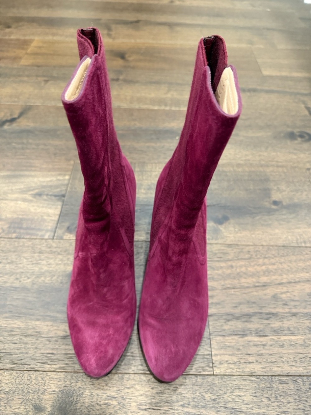 Slim Stretch Suede Sock Boots in Burgundy